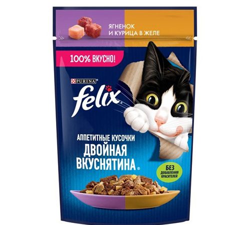 پوچ گربه فلیکس  Felix with Lamb and Chicken in Jelly طعم گوشت بره و مرغ در ژله وزن 75 گرم
